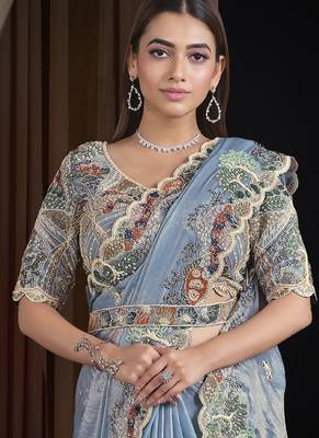 steel blue two tone satin multi sequins pure handwork pearl thread work designer saree 2