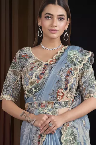 steel blue two tone satin multi sequins pure handwork pearl thread work designer saree
