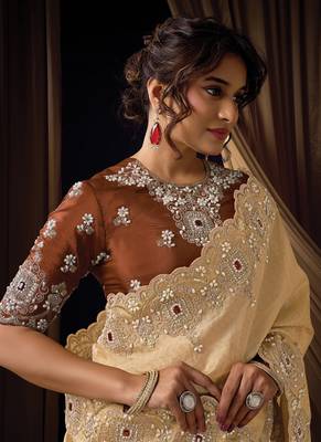 beige self woven jacquard sequins embroidery highlighted pearl crystal shine stone designer saree 2