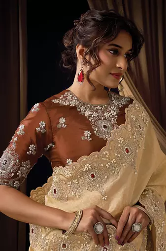 beige self woven jacquard sequins embroidery highlighted pearl crystal shine stone designer saree