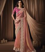 peach zari organza sequins embroidery highlighted pearl crystal shine stone designer saree