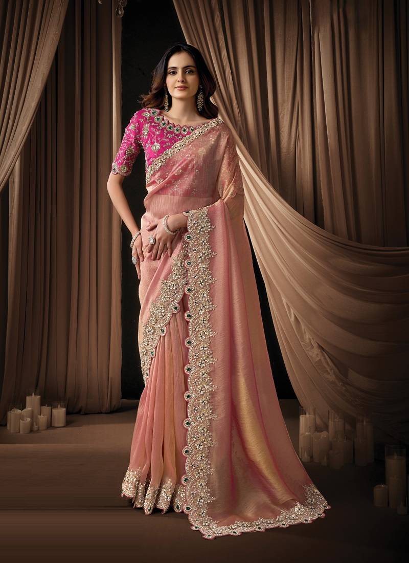 peach zari organza sequins embroidery highlighted pearl crystal shine stone designer saree