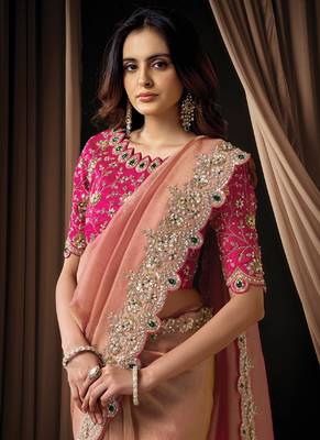 peach zari organza sequins embroidery highlighted pearl crystal shine stone designer saree 2