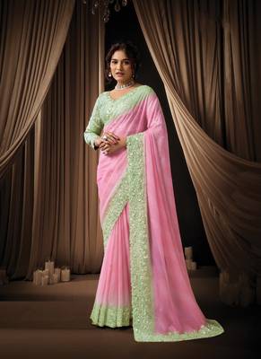 pink soft georegtte dual sequins embroidery pearl detailing digital leheriya print designer saree 1