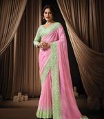 pink soft georegtte dual sequins embroidery pearl detailing digital leheriya print designer saree