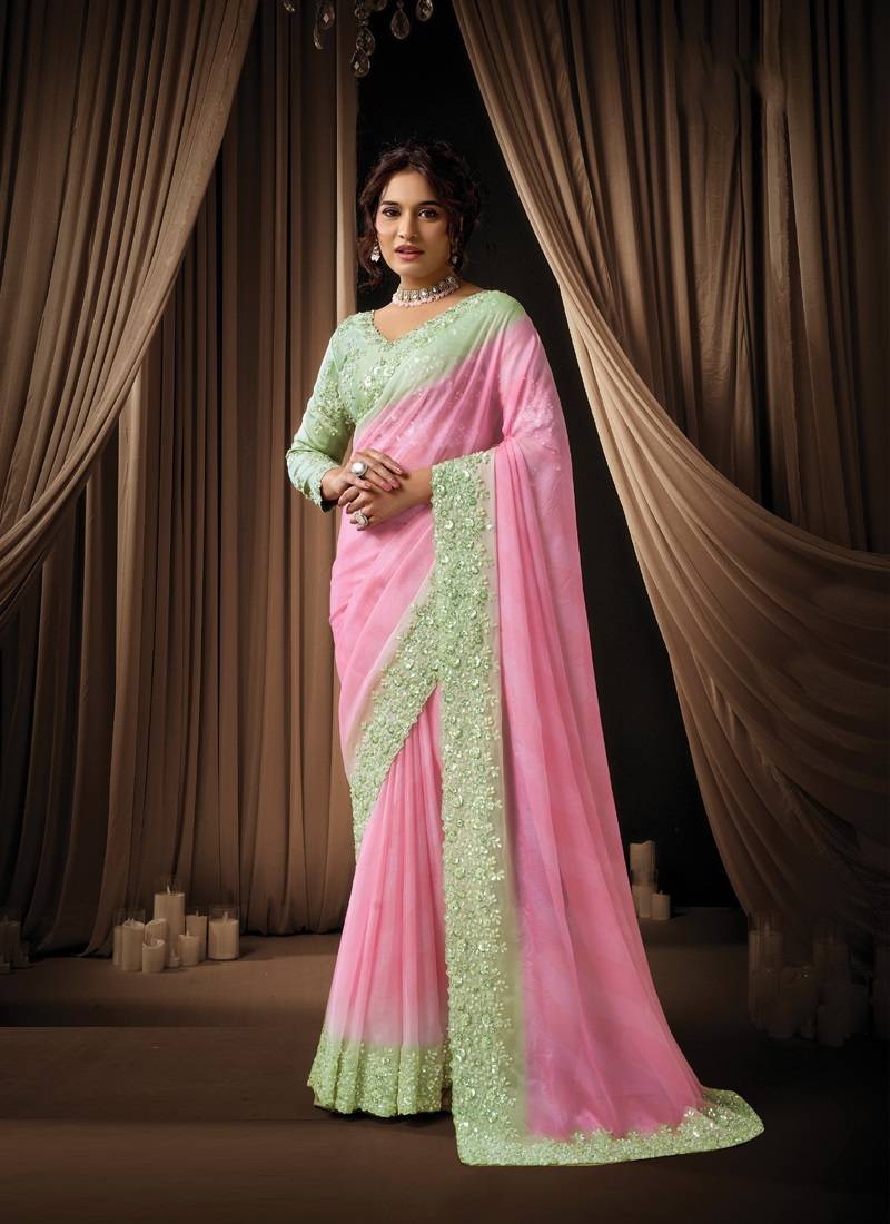 pink soft georegtte dual sequins embroidery pearl detailing digital leheriya print designer saree