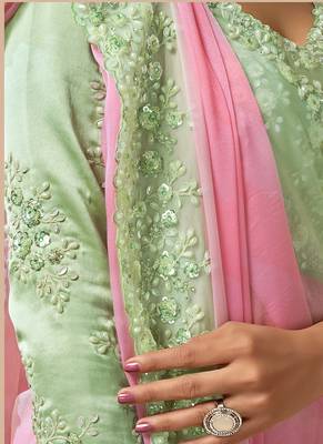 pink soft georegtte dual sequins embroidery pearl detailing digital leheriya print designer saree 2