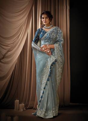 cadet blue zari organza golden sequins embroidery embellished pearl stone designer saree 1