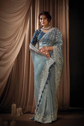cadet blue zari organza golden sequins embroidery embellished pearl stone designer saree