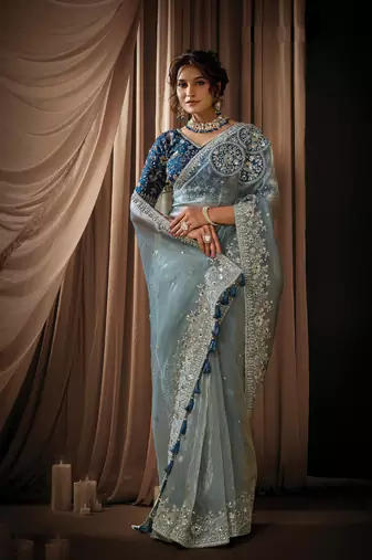 cadet blue zari organza golden sequins embroidery embellished pearl stone designer saree