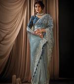 cadet blue zari organza golden sequins embroidery embellished pearl stone designer saree