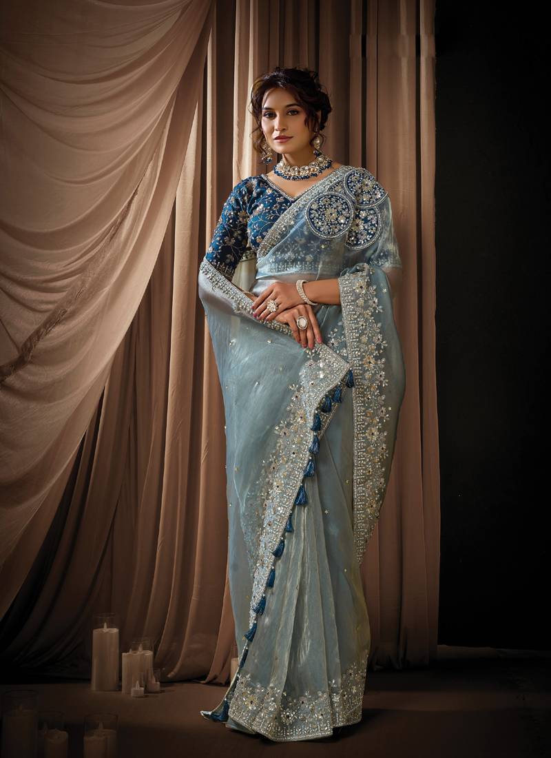 cadet blue zari organza golden sequins embroidery embellished pearl stone designer saree