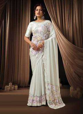 white lustrous satin sequins beads embellished applique work designer saree 1