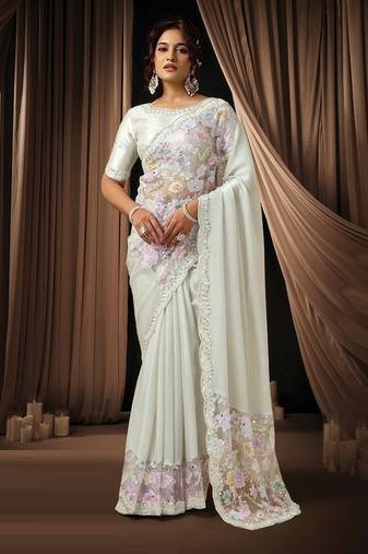 white lustrous satin sequins beads embellished applique work designer saree