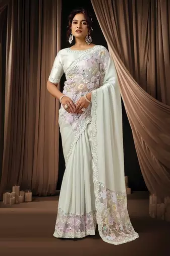 white lustrous satin sequins beads embellished applique work designer saree
