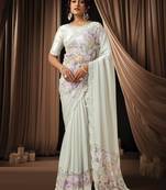 white lustrous satin sequins beads embellished applique work designer saree