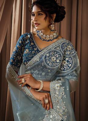 cadet blue zari organza golden sequins embroidery embellished pearl stone designer saree 2