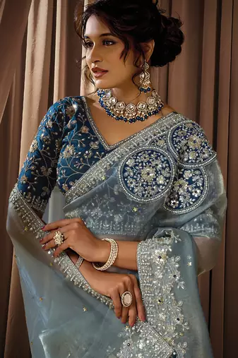 cadet blue zari organza golden sequins embroidery embellished pearl stone designer saree