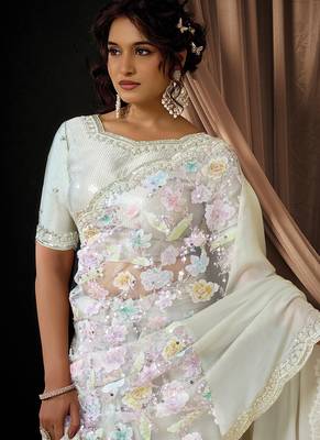white lustrous satin sequins beads embellished applique work designer saree 2