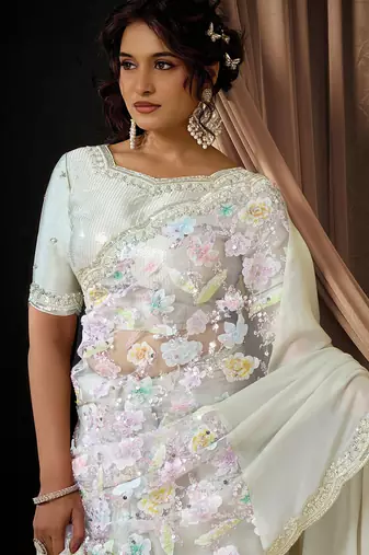 white lustrous satin sequins beads embellished applique work designer saree