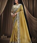 mustard banarasi crush cord thread foil embroidery stone designer saree