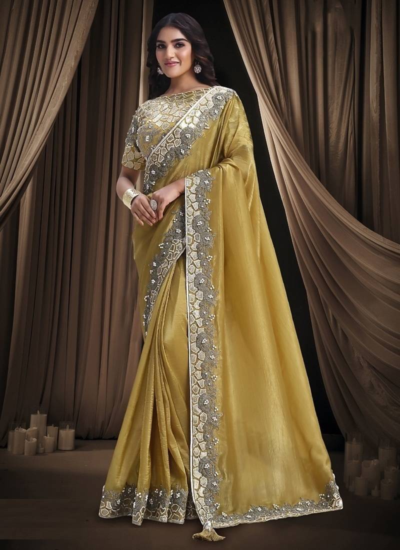mustard banarasi crush cord thread foil embroidery stone designer saree