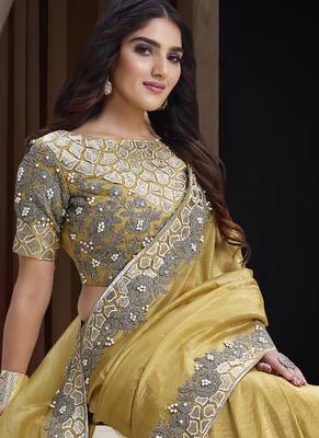 mustard banarasi crush cord thread foil embroidery stone designer saree 2
