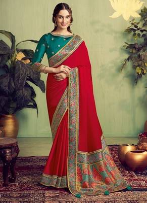 red satin zari rangkat woven beads work designer saree 1