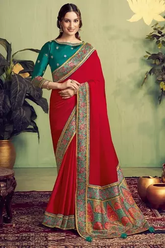 red satin zari rangkat woven beads work designer saree