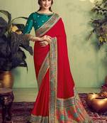 red satin zari rangkat woven beads work designer saree