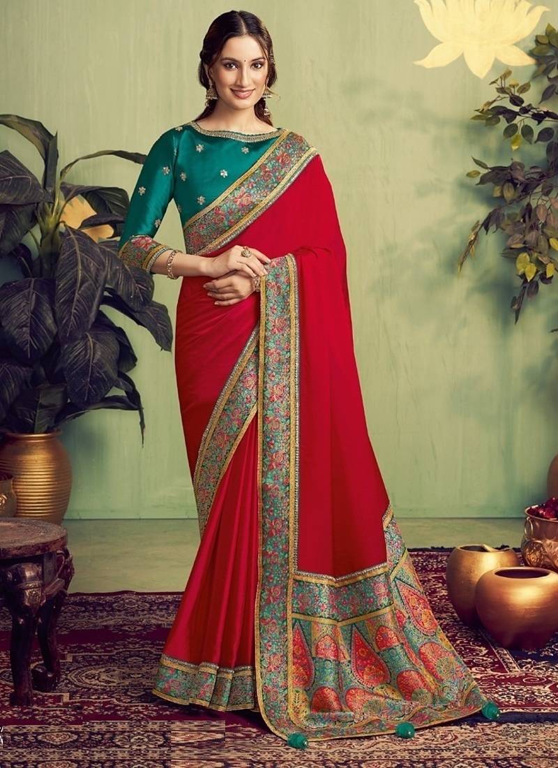 red satin zari rangkat woven beads work designer saree