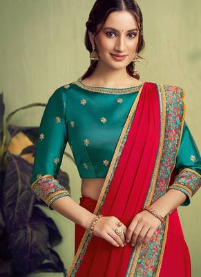 red satin zari rangkat woven beads work designer saree 2
