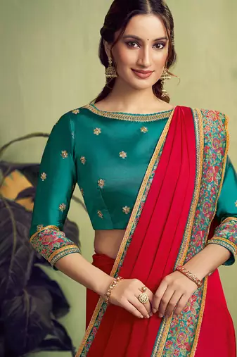red satin zari rangkat woven beads work designer saree