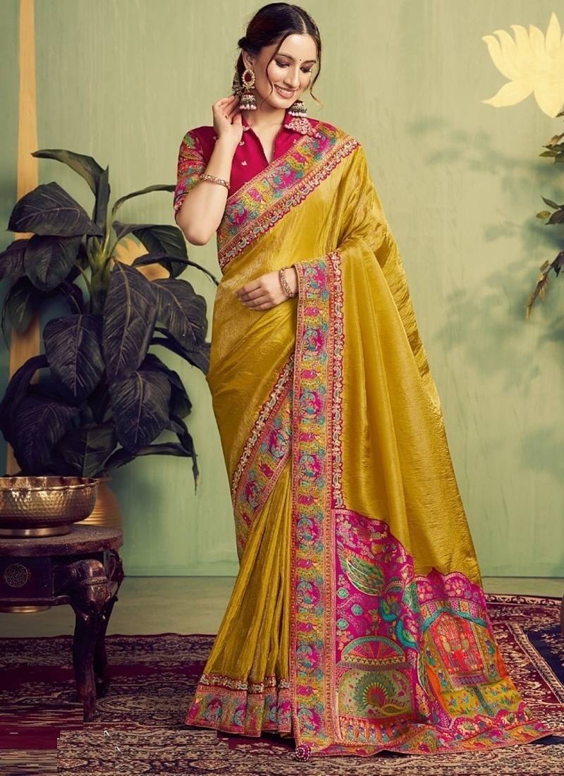 mustard upada silk blend rangkat woven sequence with stone hand work designer saree