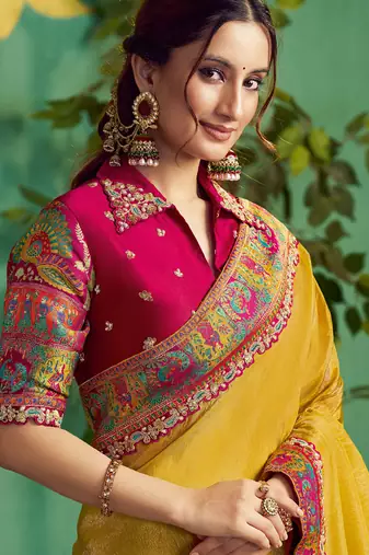 mustard upada silk blend rangkat woven sequence with stone hand work designer saree