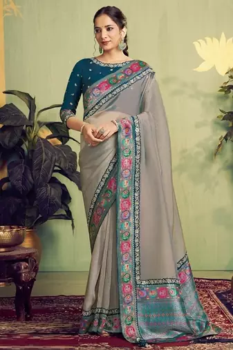 gray tissue zari woven sequence with stone hand work designer saree