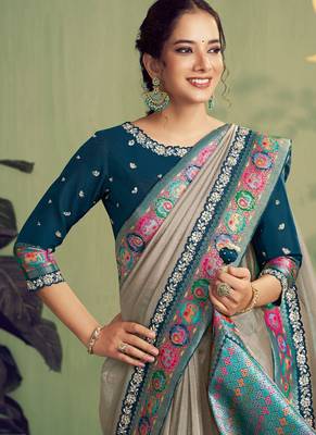 gray tissue zari woven sequence with stone hand work designer saree 2