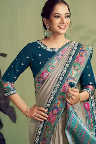 gray tissue zari woven sequence with stone hand work designer saree