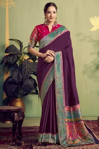 wine banarasi rangkat beads work designer saree