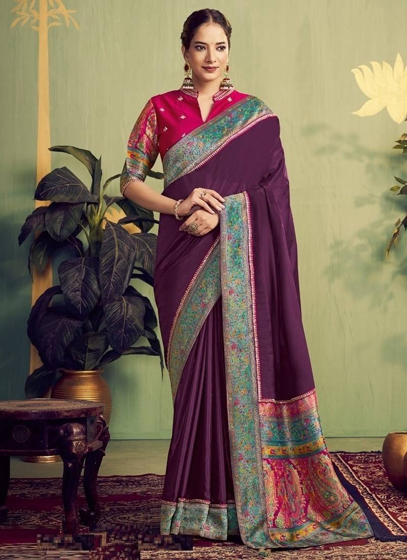 wine banarasi rangkat beads work designer saree