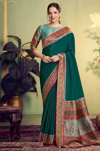 green banarasi rangkat beads & sequence work designer saree