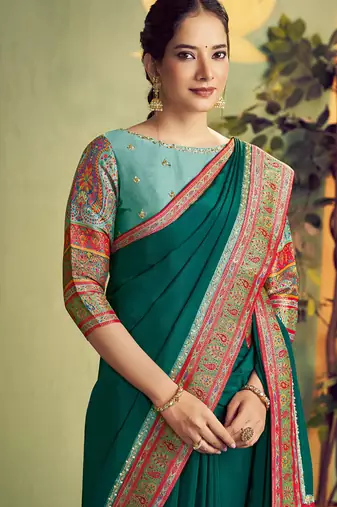 green banarasi rangkat beads & sequence work designer saree