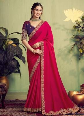 red two tone kora satin sequence with stone hand work designer saree 1