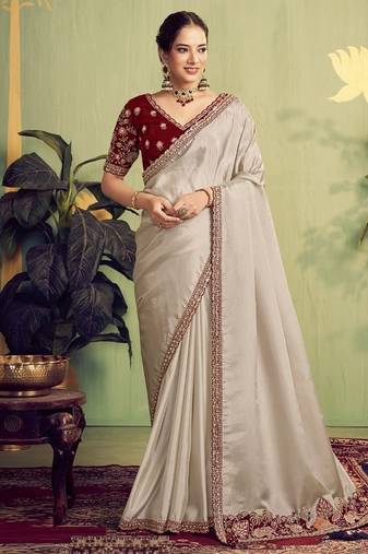 beige upada silk blend sequence with stone handwork designer saree