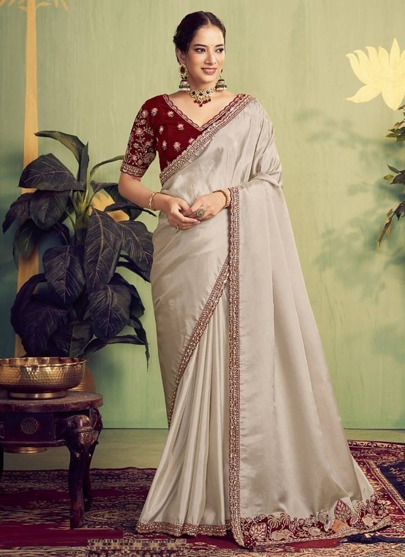 beige upada silk blend sequence with stone handwork designer saree