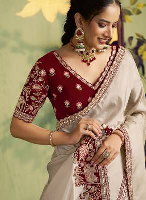 beige upada silk blend sequence with stone handwork designer saree 2