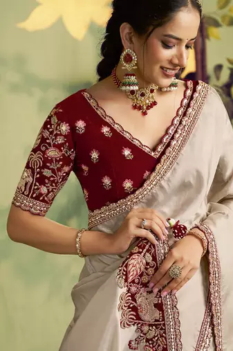 beige upada silk blend sequence with stone handwork designer saree