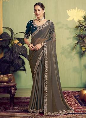 chiku zari satin thread with stone hand work designer saree 1