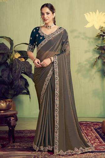 chiku zari satin thread with stone hand work designer saree