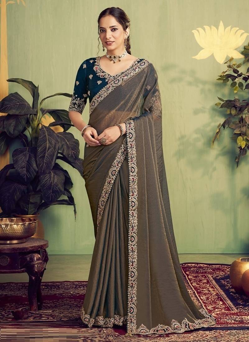 chiku zari satin thread with stone hand work designer saree